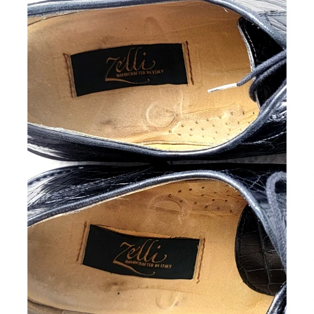 Zelli Genuine Alligator Cap Toe Oxford Shoes Black 10.5M Italy Luxury Exotic